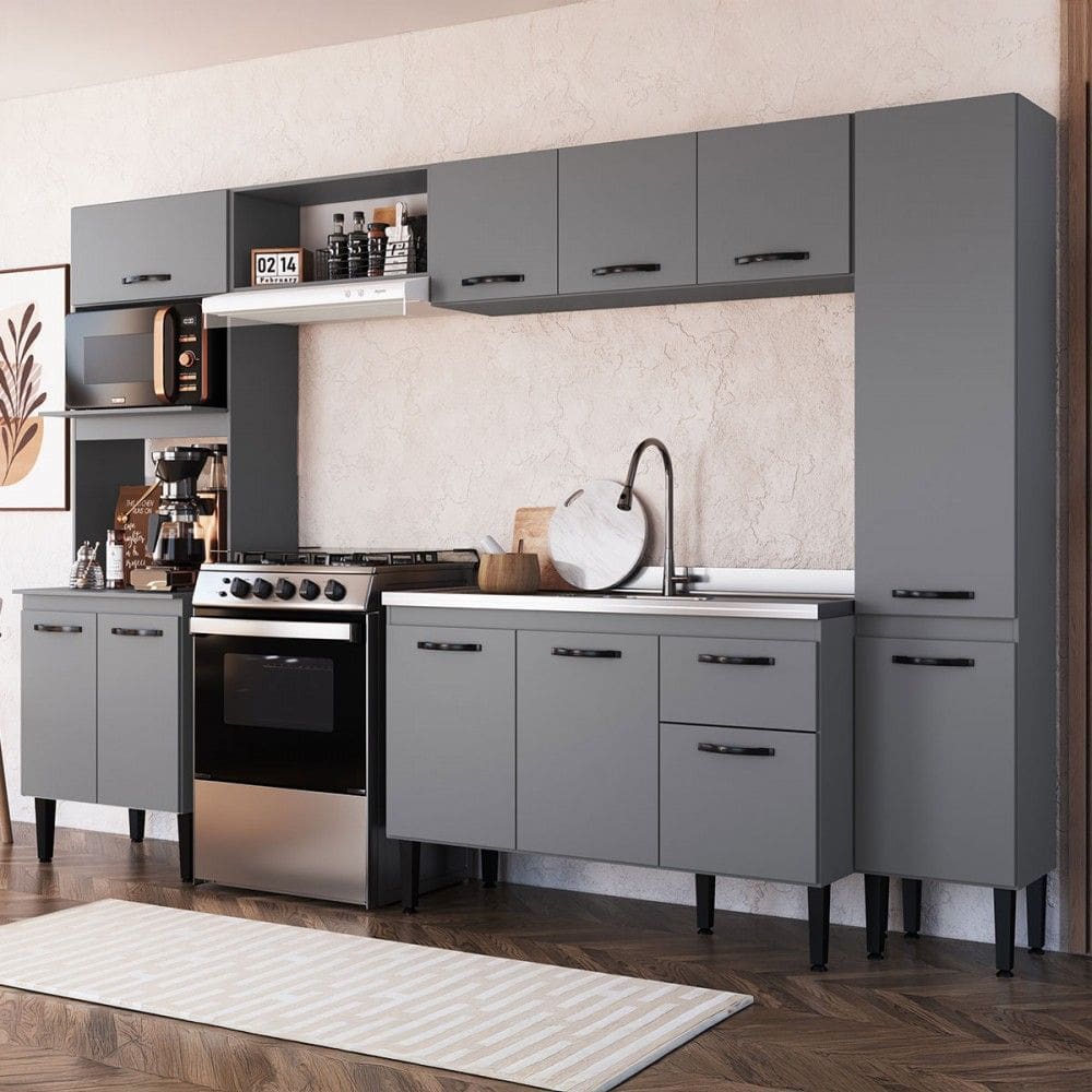 Armário de Cozinha Laís 11 Portas 1 Gaveta Cinza - Pnr Móveis