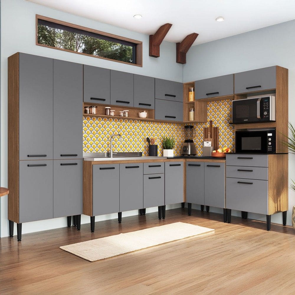 Armário de Cozinha Amanda 18 Portas 3 Gaveta Freijó/Cinza - Pnr Móveis