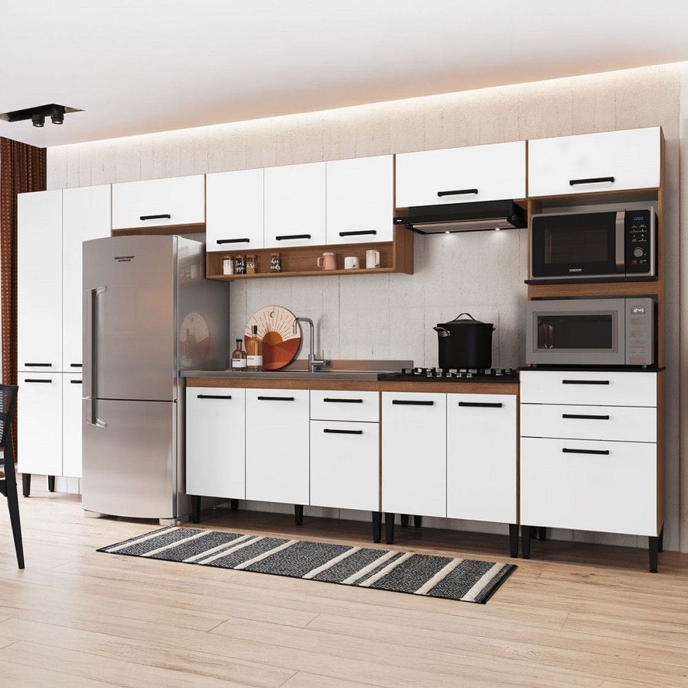 Armário de Cozinha Amanda 16 Portas 3 Gaveta Freijó/Branco - Pnr Móveis