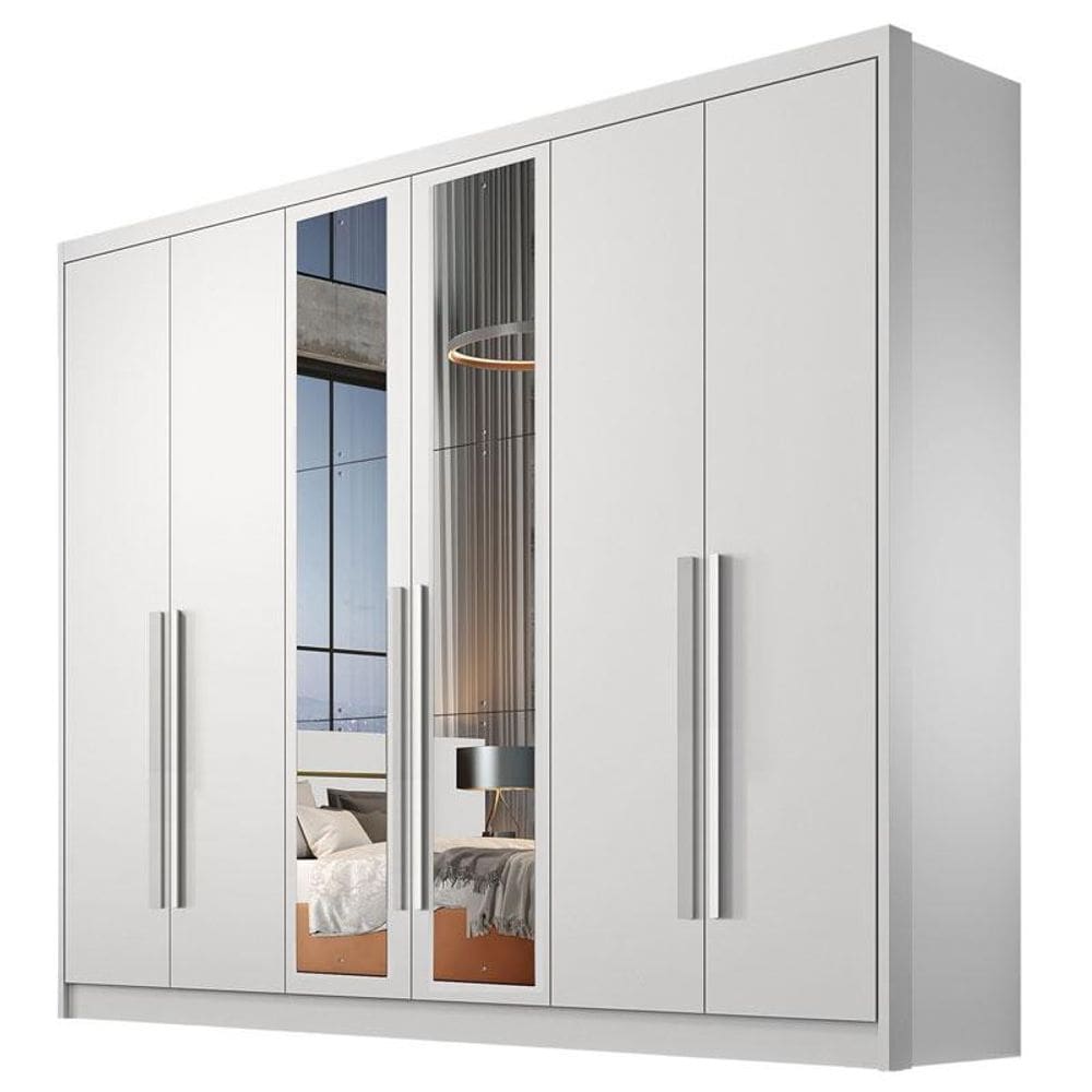 Guarda Roupa Casal Livorno 6 Portas 4 Gavetas Neve com Nicho e Espelho - Novo Horizonte