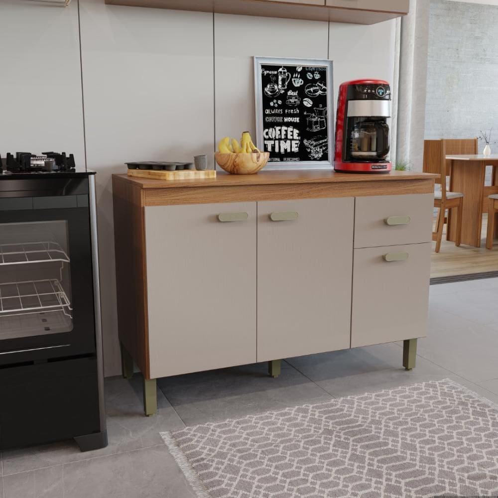 Balcão Modulado Para Cozinha Com Tampo Fidelitá Mariana 120cm 3 Portas 1 Gaveta Freijó/Camurça