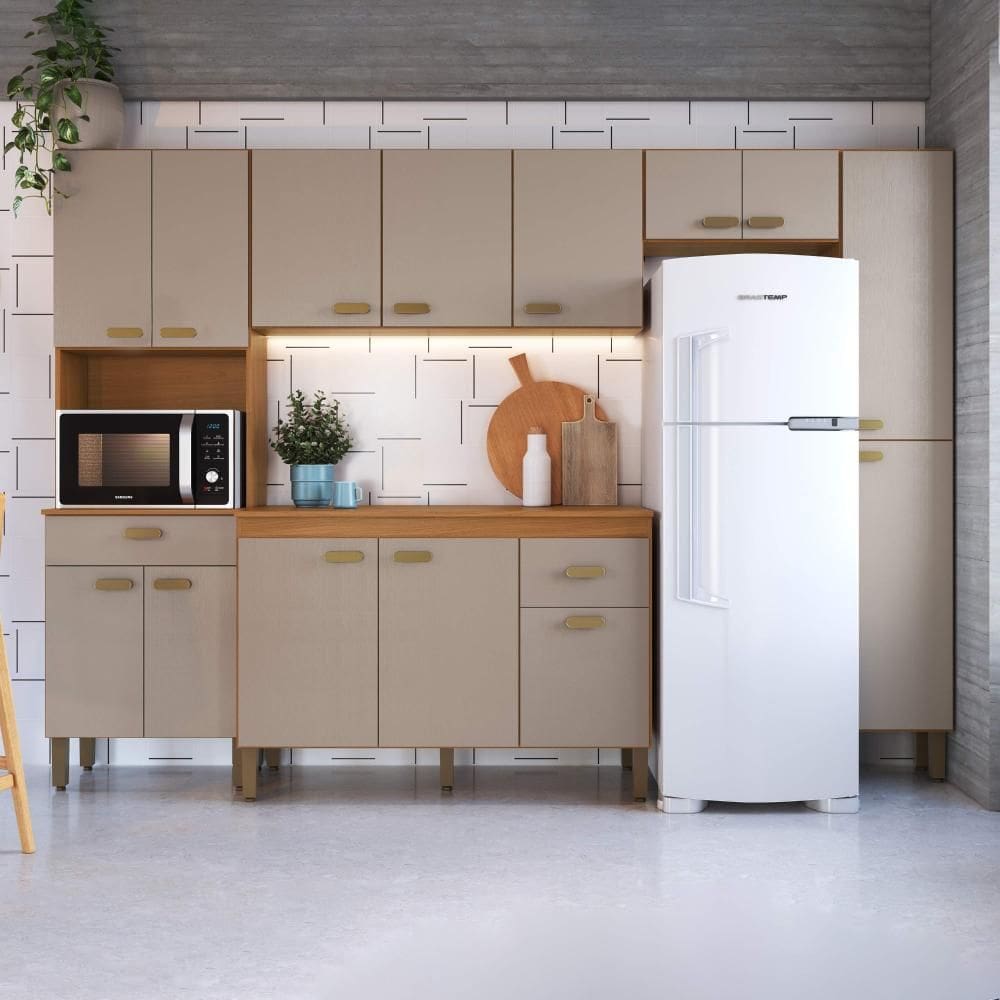 Cozinha Modulada Completa Fidelitá Mariana 5 Peças 275cm 14 Portas 2 Gavetas Com Tampo Freijó/Camurça