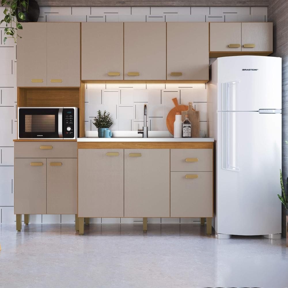Cozinha Modulada Compacta Fidelitá Mariana 4 Peças 240cm 12 Portas 2 Gavetas Sem Tampo Freijó/Camurça