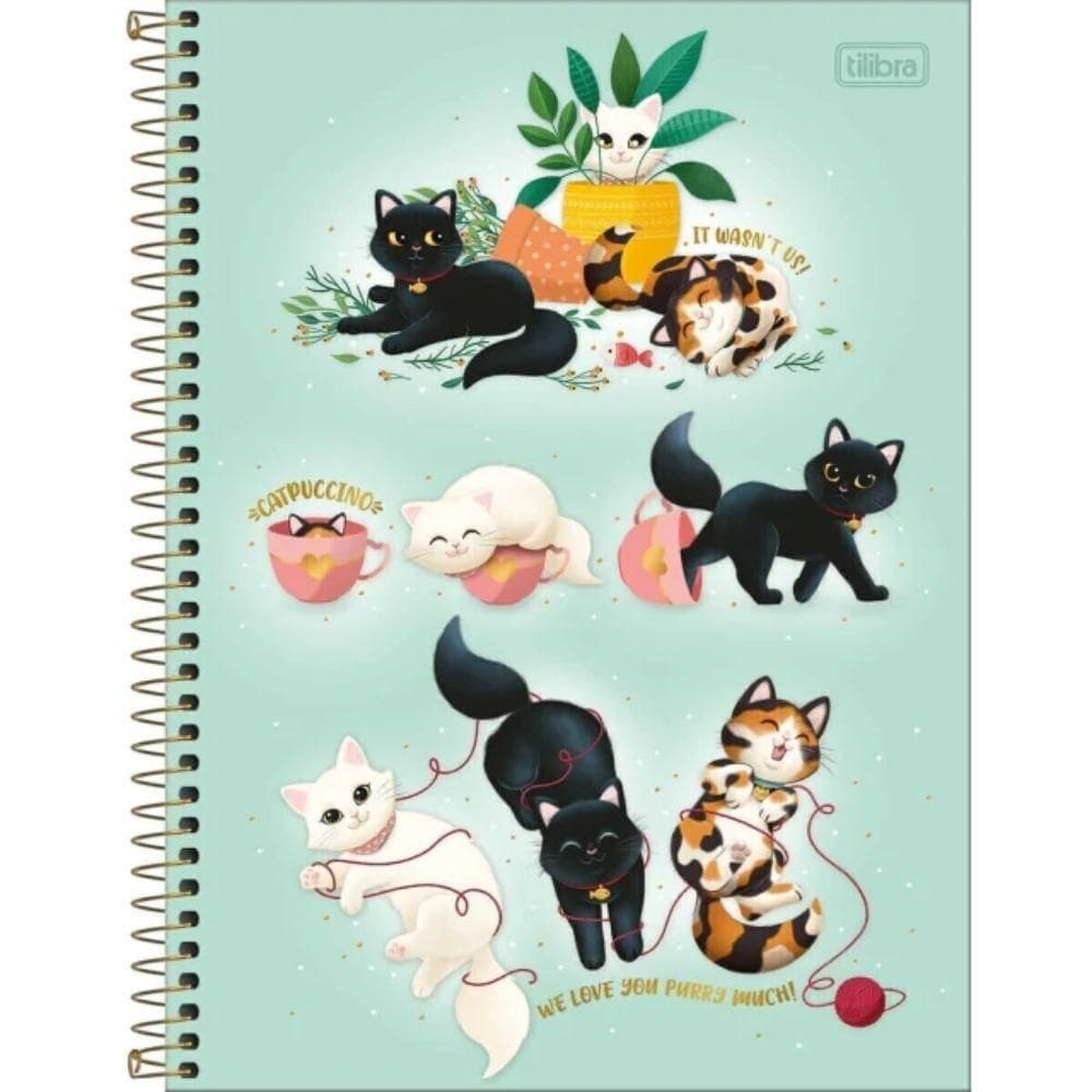 Caderno Espiral Capa Dura Universitário 10 Matérias Purrfect Cat 160 Folhas Tilibra Verde