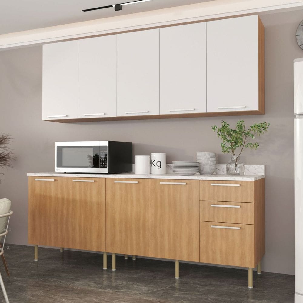 Armário de Cozinha Modulada Balcão com Tampo Freijó Branco 6 Peças CZ3100
