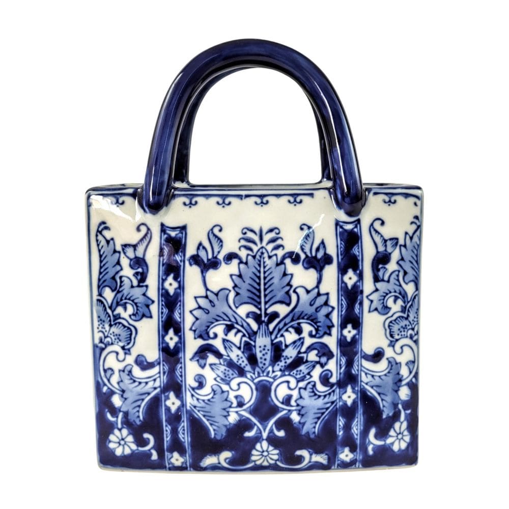 Vaso De Porcelana Azul E Branco Bolsa Floral Decoração