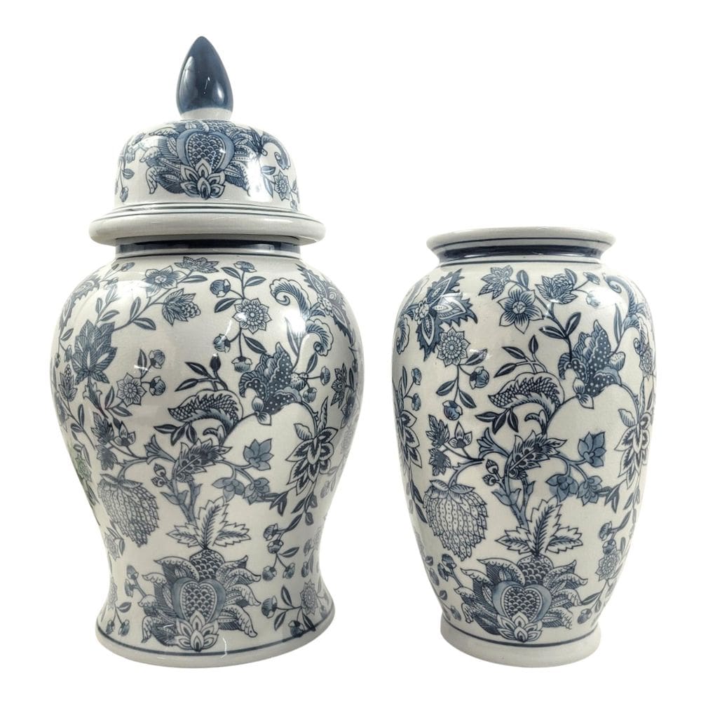 Kit Potiche Vaso Porcelana Azul E Branco Floral Luxo