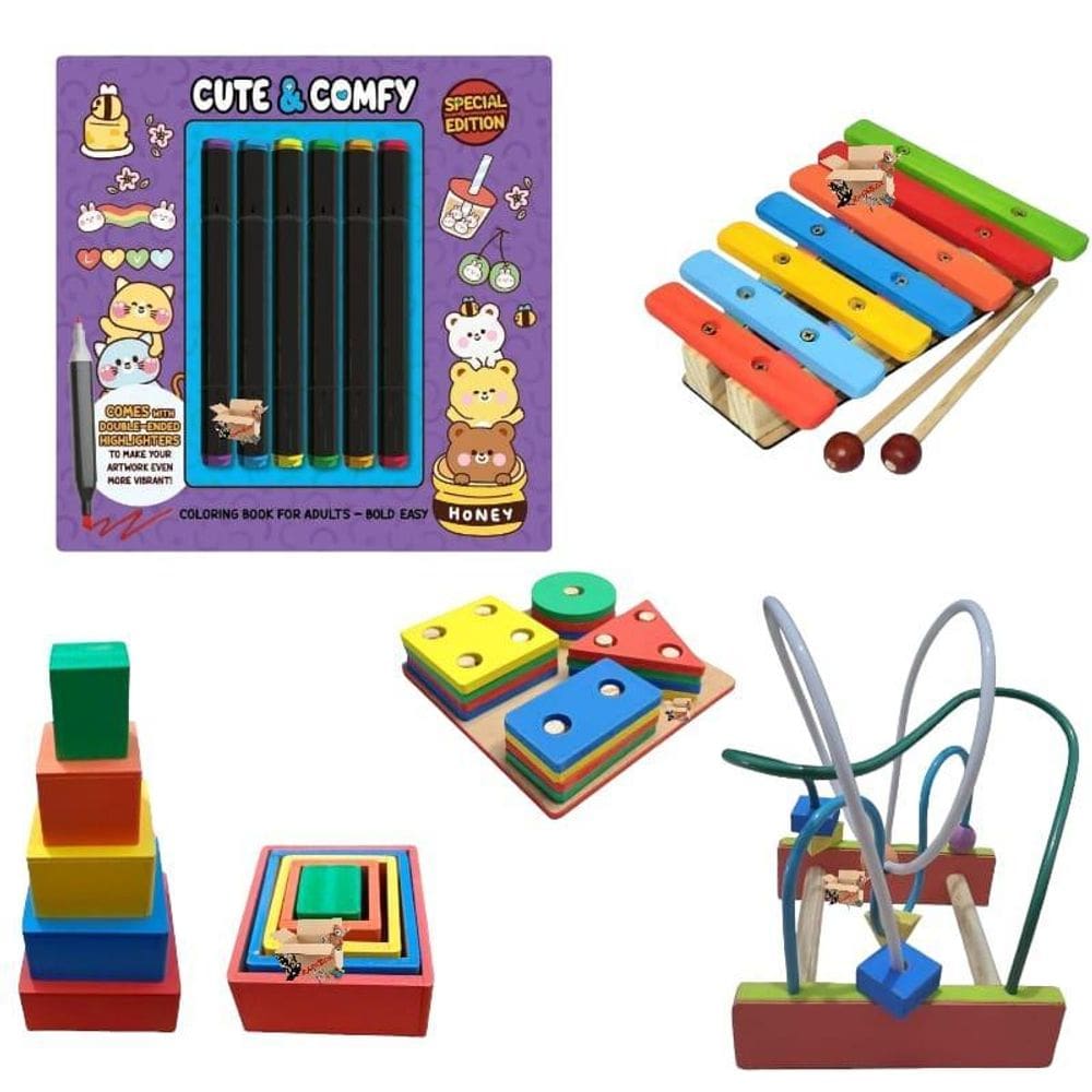 Kit 4 Brinquedos Pedagógicos Em Madeira + Livro + Canetinhas
