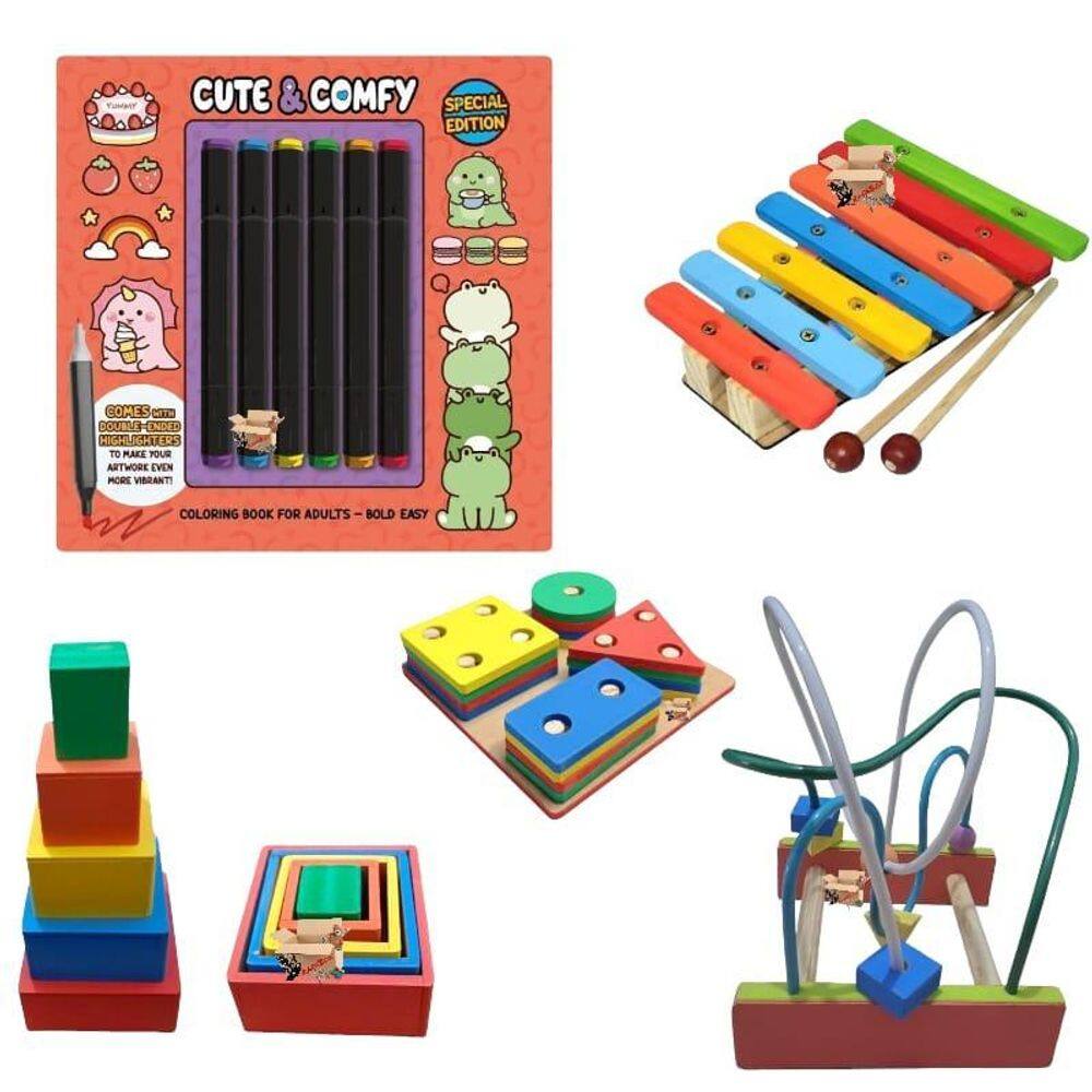 Kit 4 Brinquedos Pedagógicos Em Madeira + Livro + Canetinhas