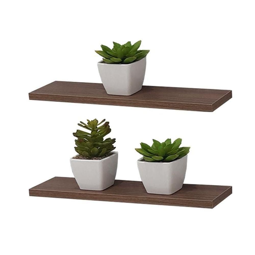 2x Prateleira De Madeira Nogal 40x10cm Com Suporte Invisível