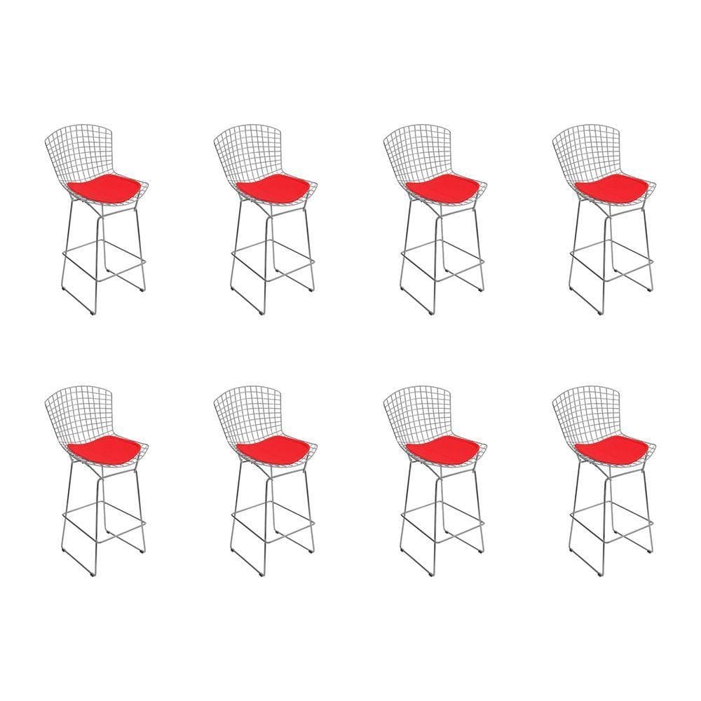 Kit 8 Banquetas Bistrô Bertoia Cromada D80 Com Assento Sintético Vermelho Cor Cinza