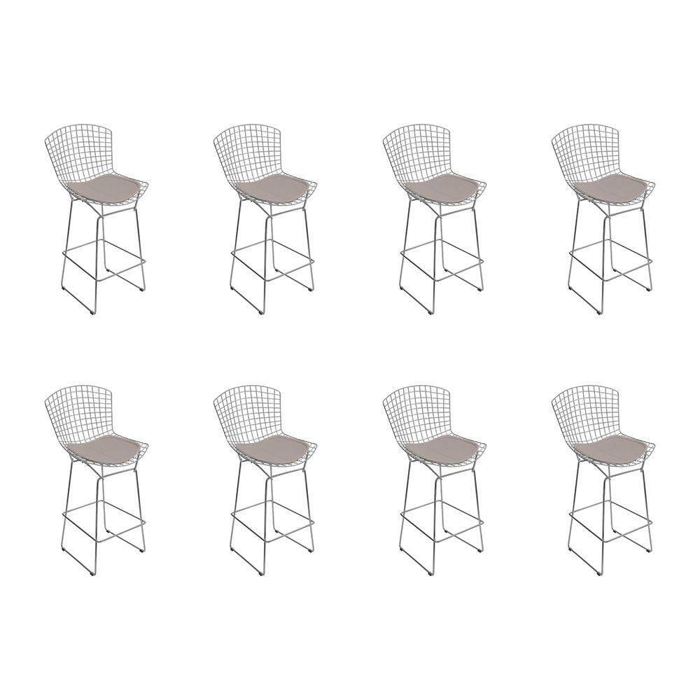Kit 8 Banquetas Bistrô Bertoia Cromada D60 Com Assento Sintético Bege Cor Cinza