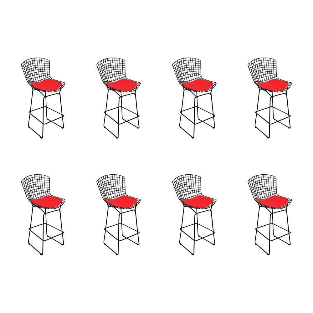 Kit 8 Banquetas Bistrô Bertoia Preta D80 Com Assento Vermelho Cor Preto