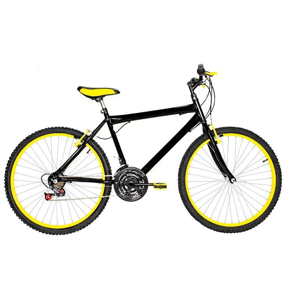 Bicicleta Masculina Aro 26 Mtb Alumínio Colorido 18 Marchas Cor Preta E Amarela
