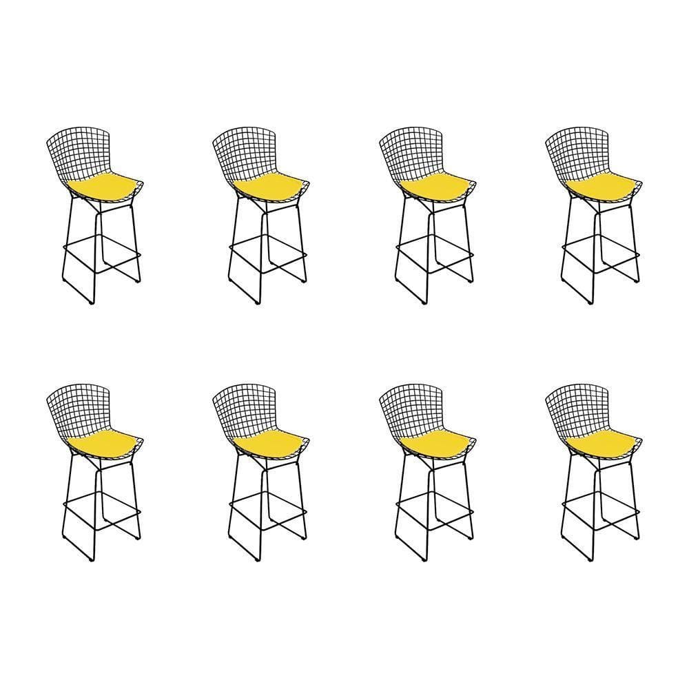 Kit 8 Banquetas Bistrô Bertoia Preta D80 Com Assento Amarelo Cor Preto