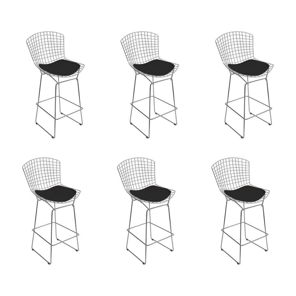 Kit 6 Banquetas Bistrô Bistrô Bertoia Cromada D60 Com Assento Sintético Preto Cor Cinza