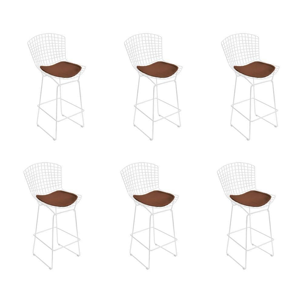 Kit 6 Banquetas Bistrô Bertoia Branca D80 Com Assento Marrom Cor Branco