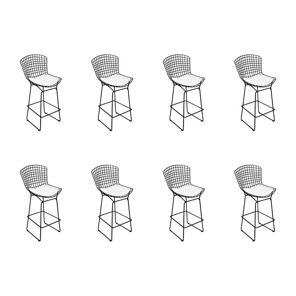 Kit 8 Banquetas Bistrô Bertoia Preta D80 Com Assento Branco Cor Preto