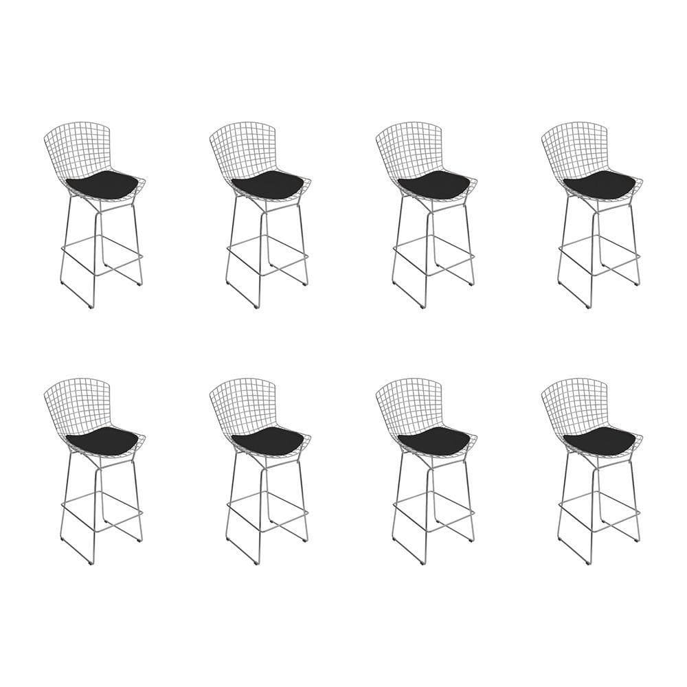 Kit 8 Banquetas Bistrô Bertoia Cromada D60 Com Assento Sintético Preto Cor Cinza