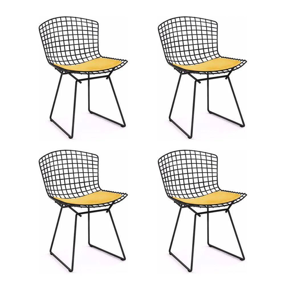 Kit 4 Cadeiras Bertoia Preta Com Assento Amarelo Cor Amarelo