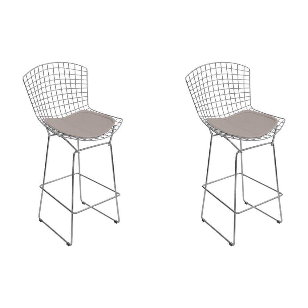 Kit 2 Banquetas Bertoia Cromada D60 Com Assento Sintético Bege Cor Bege