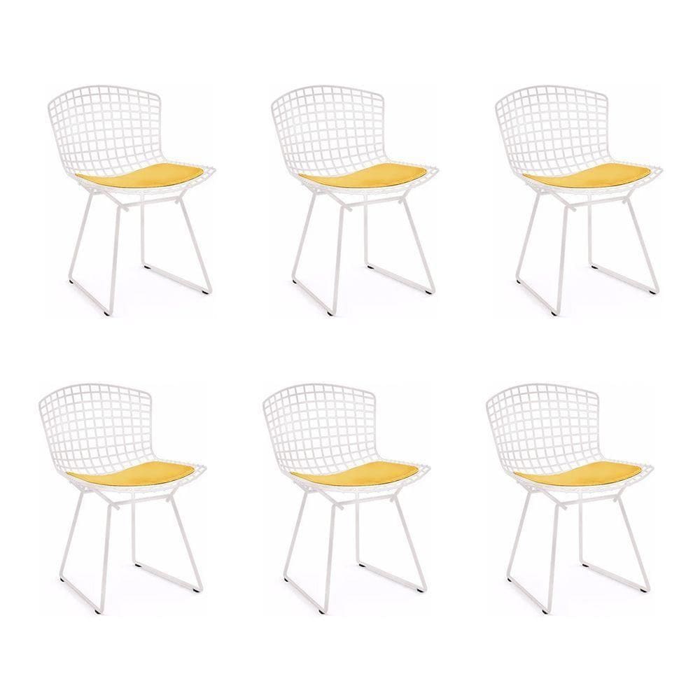 Kit 6 Cadeiras Bertoia Branca Com Assento Amarelo Cor Branco