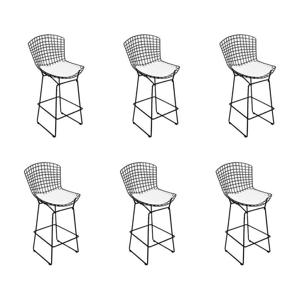 Kit 6 Banquetas Bistrô Bertoia Preta D80 Com Assento Branco Cor Preto
