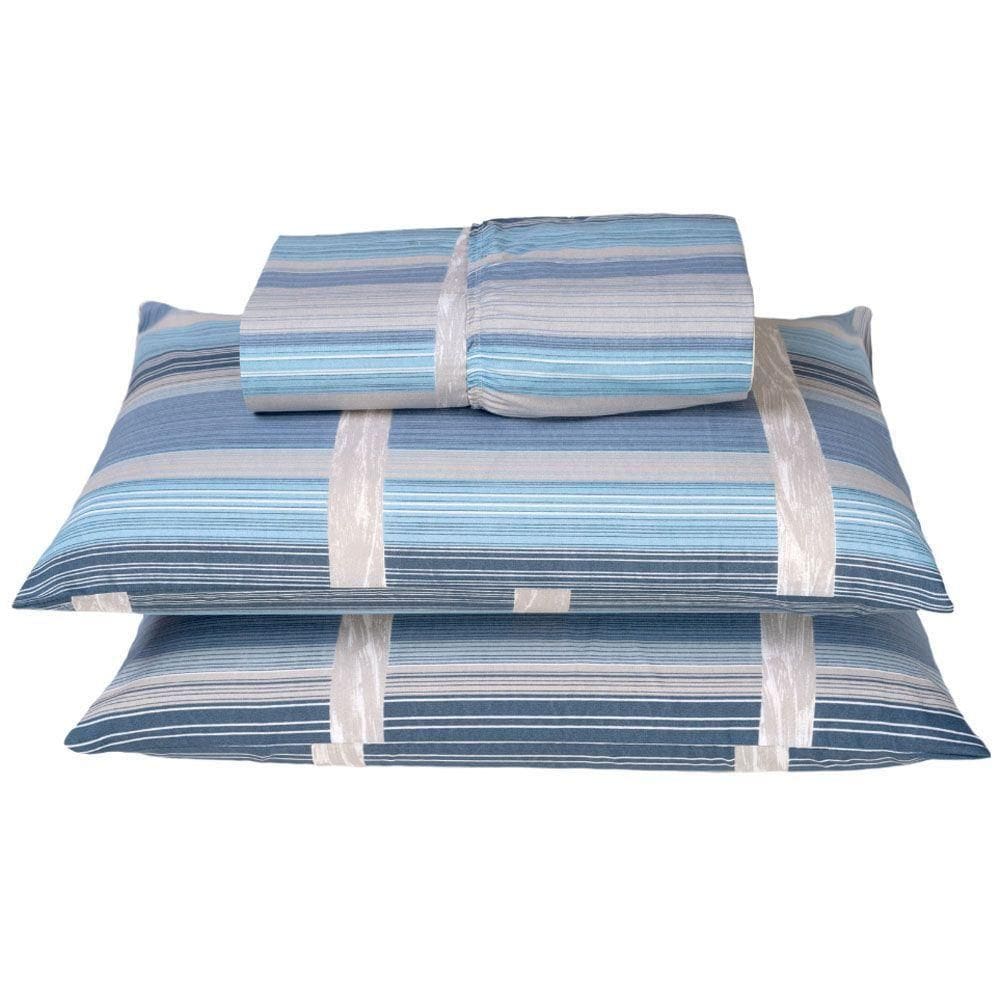 Jogo Cama Lençol Casal 180 Fios 3pçs Azul Listrado