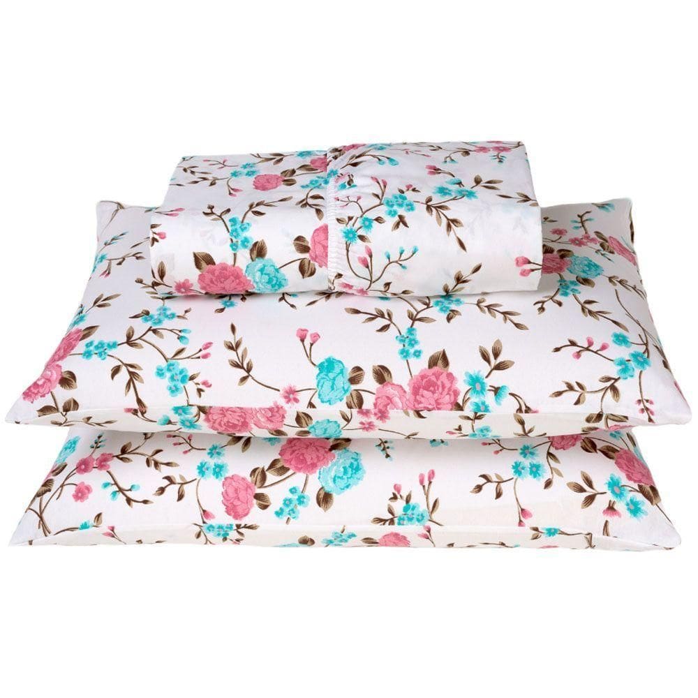 Jogo Cama Lençol Casal 180 Fios 3pçs Floral Rosê