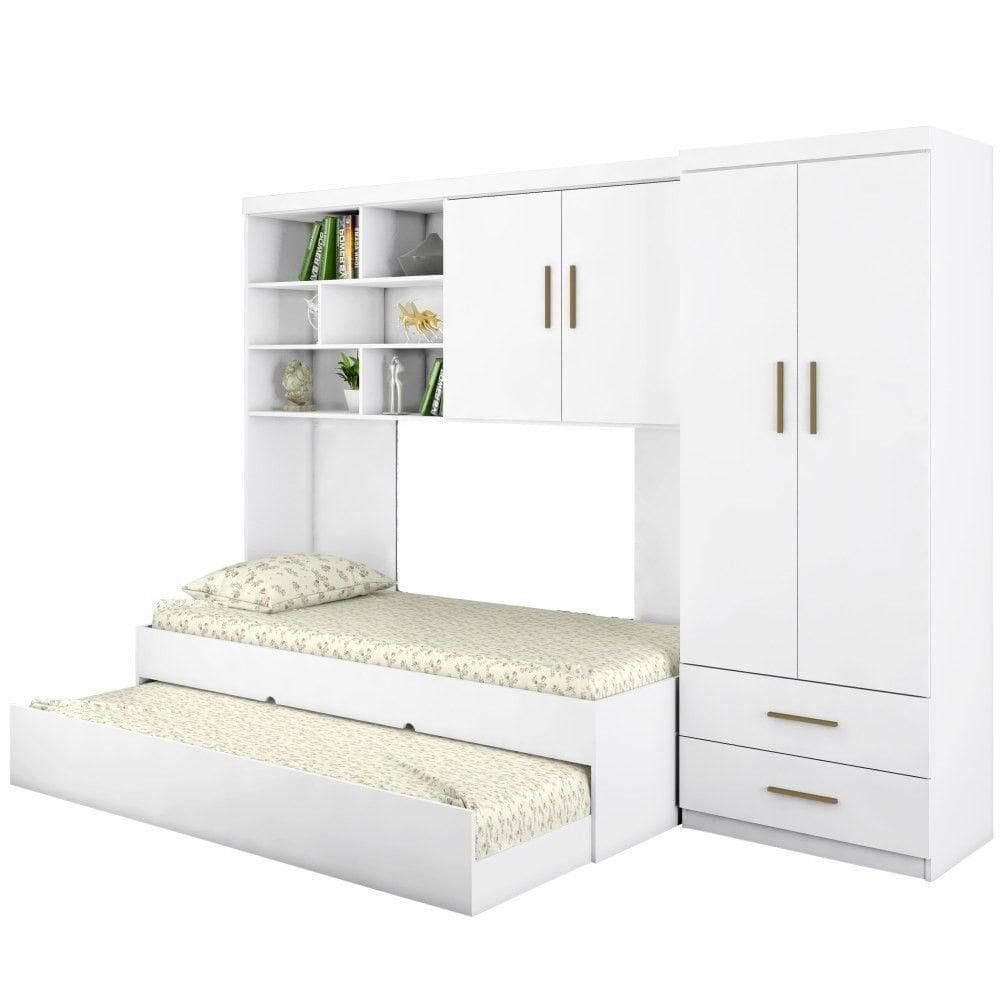 Quarto Infantil Chiara Guarda Roupa E Aéreo 2 Portas Com Cama E Auxiliar Branco