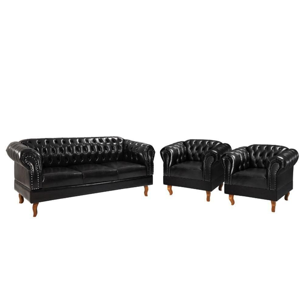 Kit 03 Peças Namoradeira E Poltronas Chesterfield Duque Via Encanto Courano Preto