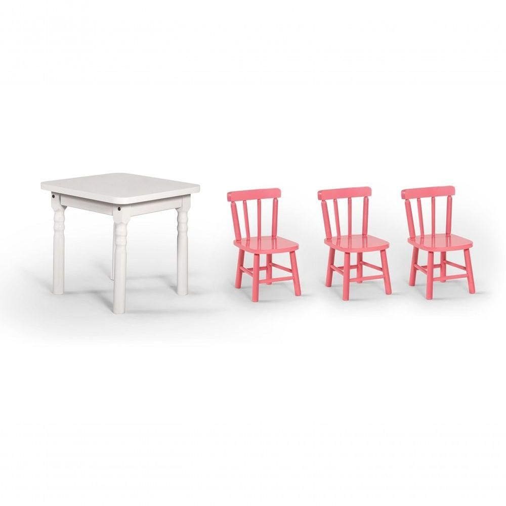 Conjunto Mesinha Infantil Branca Com 3 Cadeiras Kids Rosa
