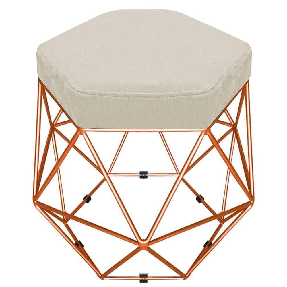 Puff Banco Aramado Hexagonal Base Eiffel Bronze Bege