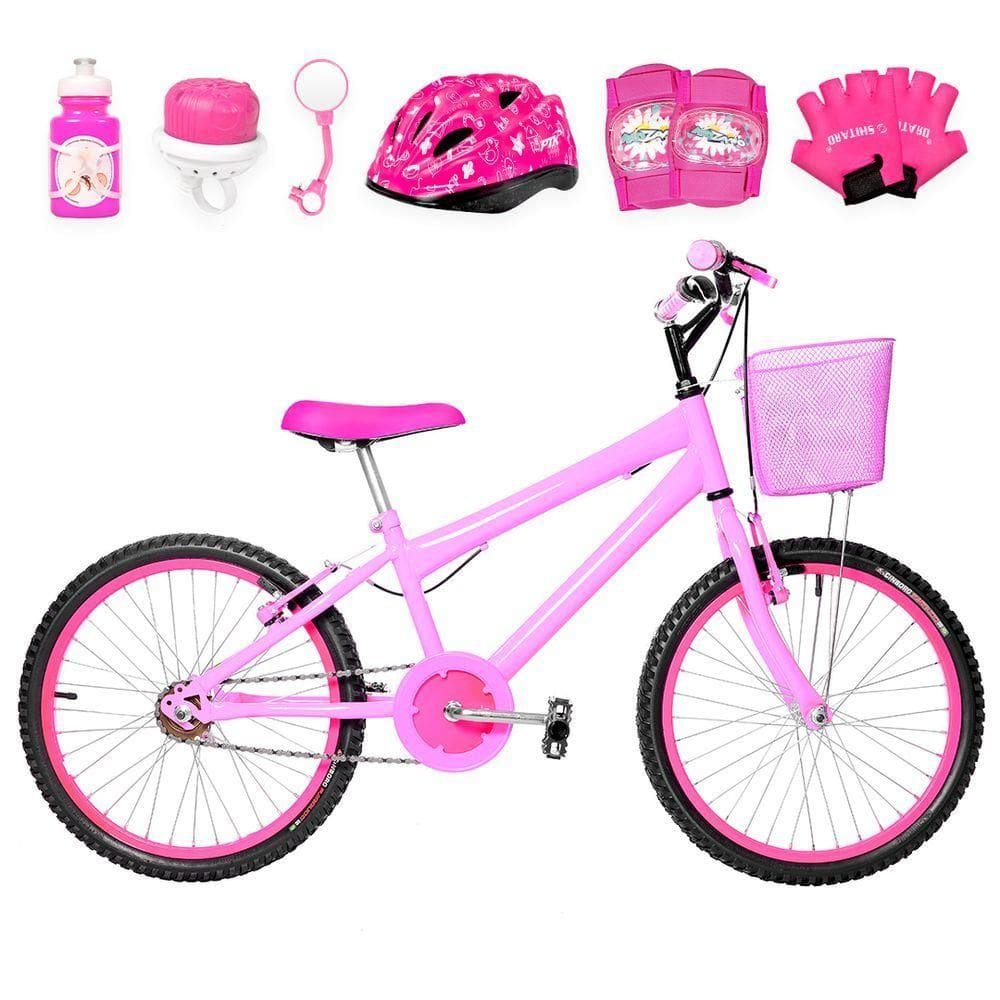 Bicicleta Infantil Feminina Aro 20+Kit Proteção Rosa e Pink