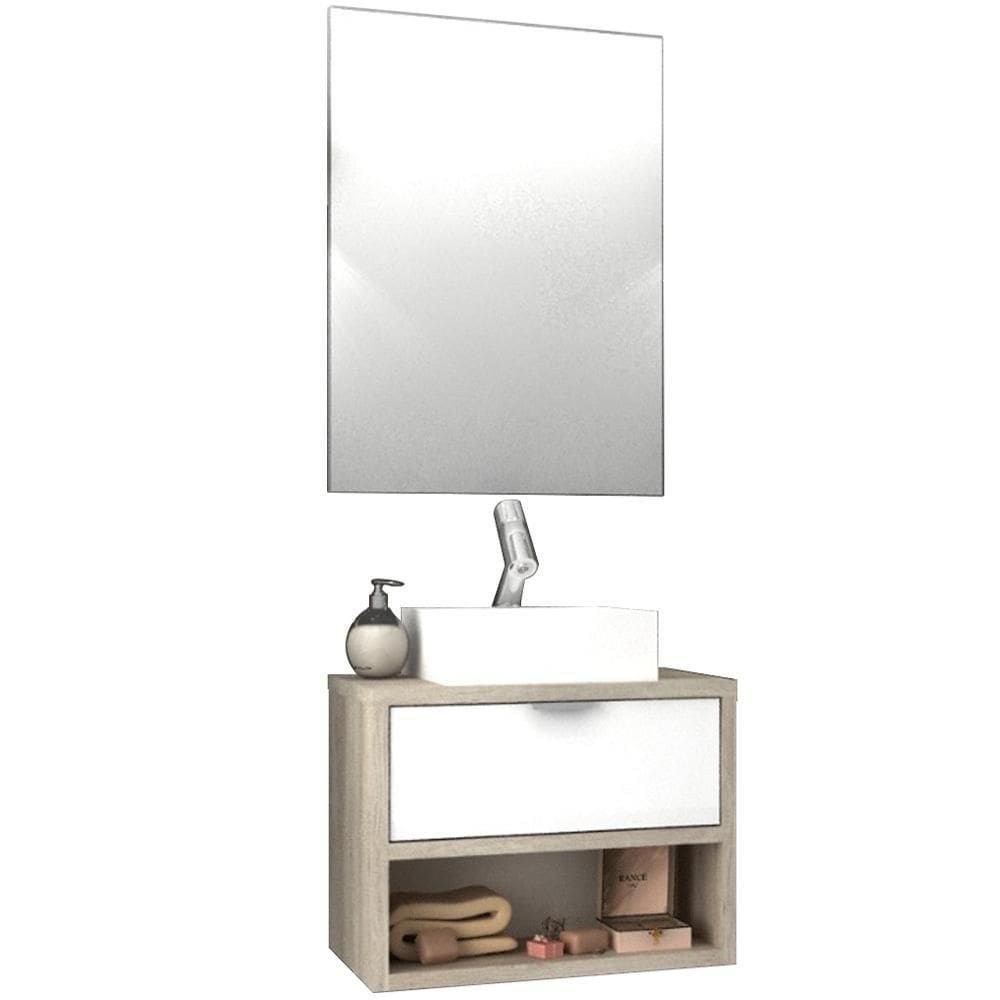 Conjunto Banheiro Gabinete 60cm Com Cuba E Espelho Branco