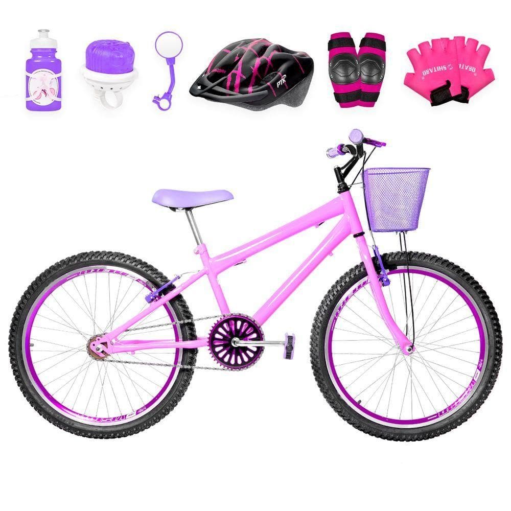 Bicicleta Feminina Aro 24 Aero+Kit Proteção Rosa e Violeta