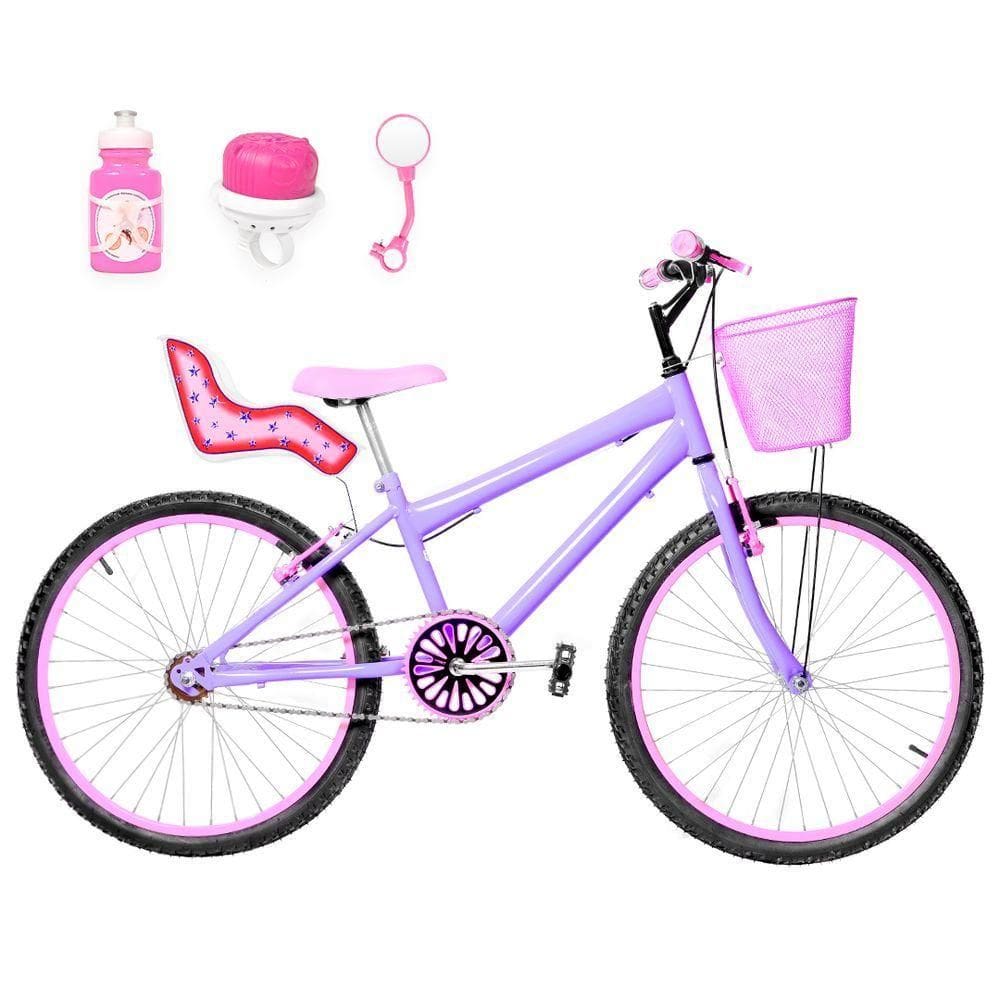 Bicicleta Infantil Aro 24 Alumínio E Cadeirinha Lilás E Rosa