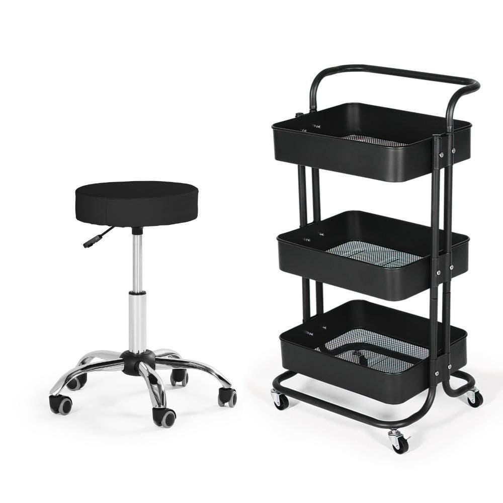 Kit Estética Com Banco Mocho E Carrinho Multiuso - Preto