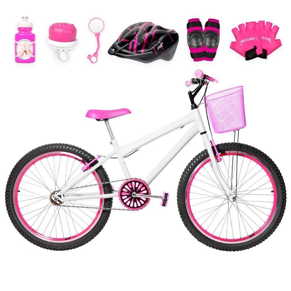 Bicicleta Feminina Aro 24 Aero + Kit Proteção Cor Branca E Pink