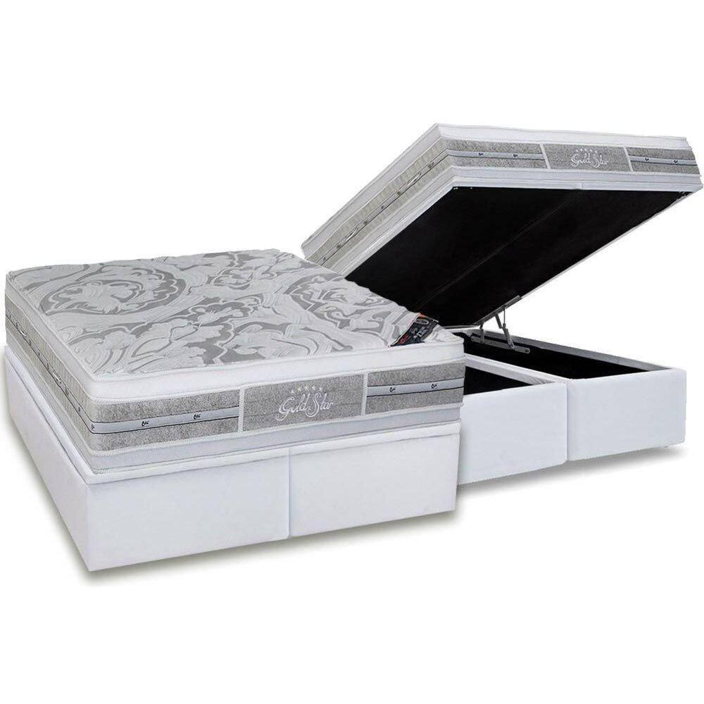 Cama Box Baú Queen: Colchão Molas Ensacadas Castor Super Luxo Látex Plush+Base White(158X198)