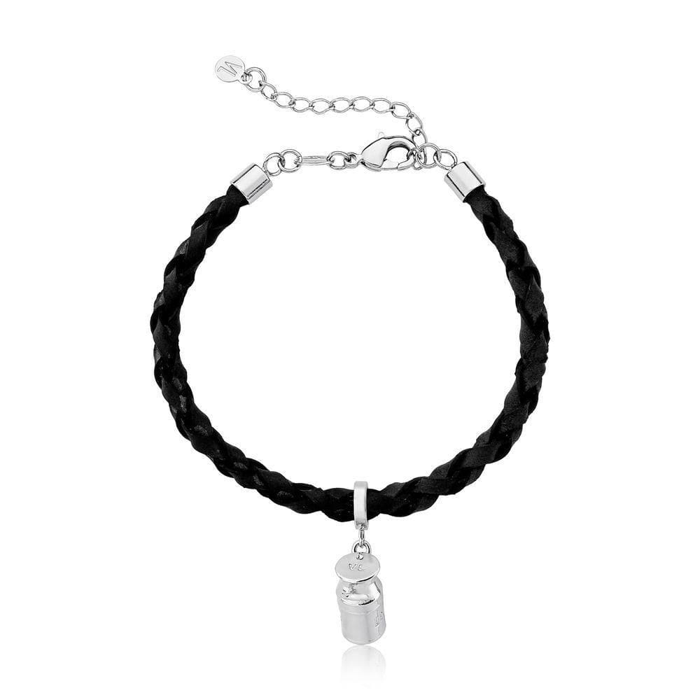 Pulseira De Couro Preto Com Latão De Leite Prateado Tamanho 20cm