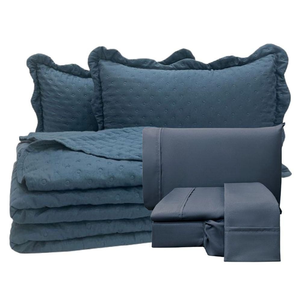 Coordenado Cobre Leito Casal E Lençol Diplomata 7 Peças - Azul