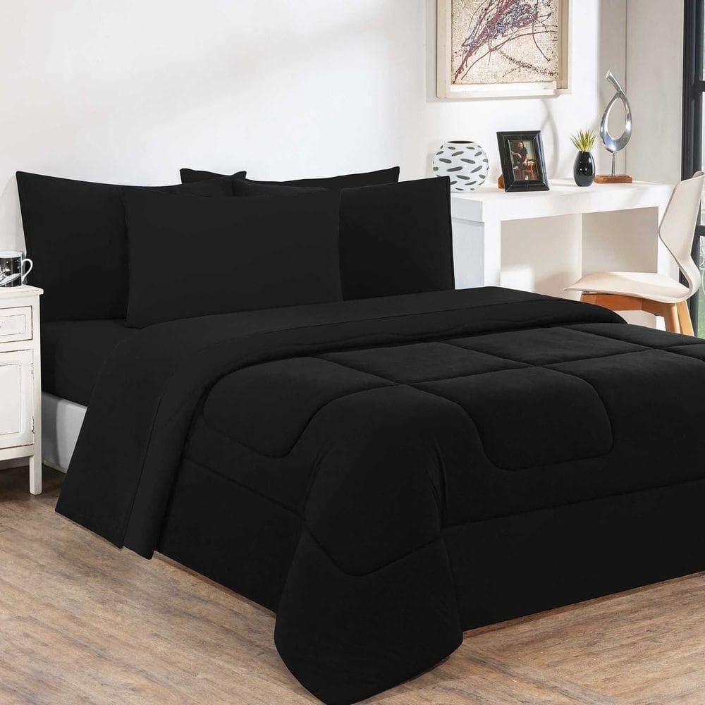 Kit Edredom Malha 100% Algodão Gran Moratta 3 Peças Queen - Preto-preto