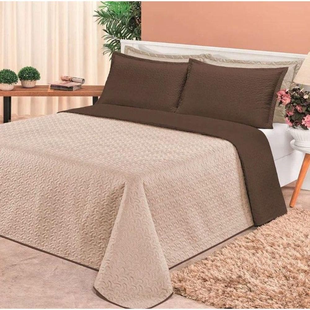 Cobre Leito Dupla Face Queen Clara 03 Peças - Marrom-caqui