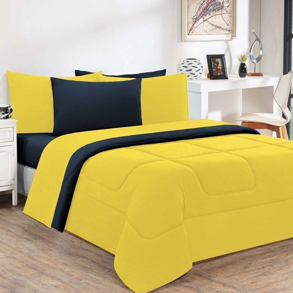 Edredom Malha 100% Algodão Gran Moratta 1 Peça Queen - Amarelo-azul Marinho