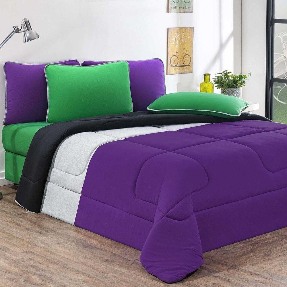Kit Edredom Malha 100% Algodão Urbano 3 Peças Queen - Roxo-mescla-preto