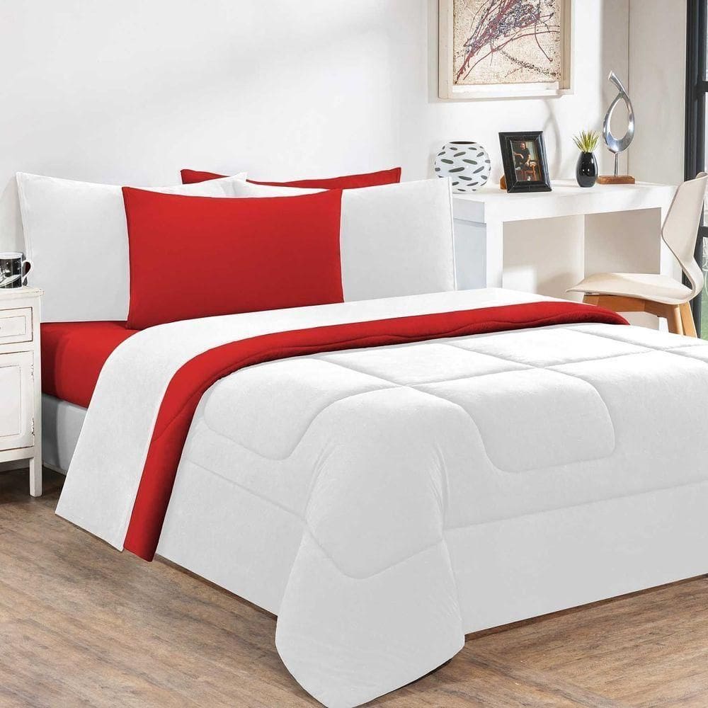 Edredom Malha 100% Algodão Gran Moratta 1 Peça Casal - Branco-vermelho