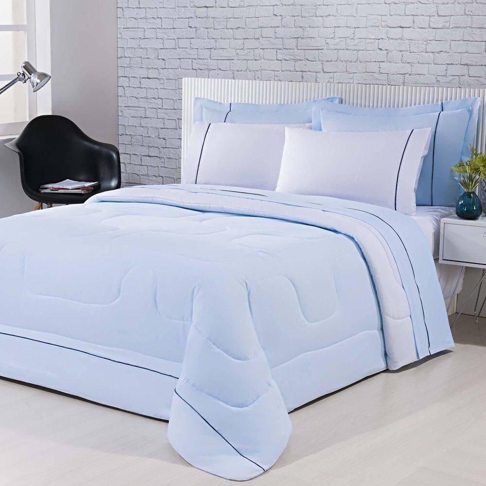 Kit Edredom 100% Algodão Percal 150 Fios Dupla Face Solteiro + Jogo De Cama 5 Peças - Azul-branco