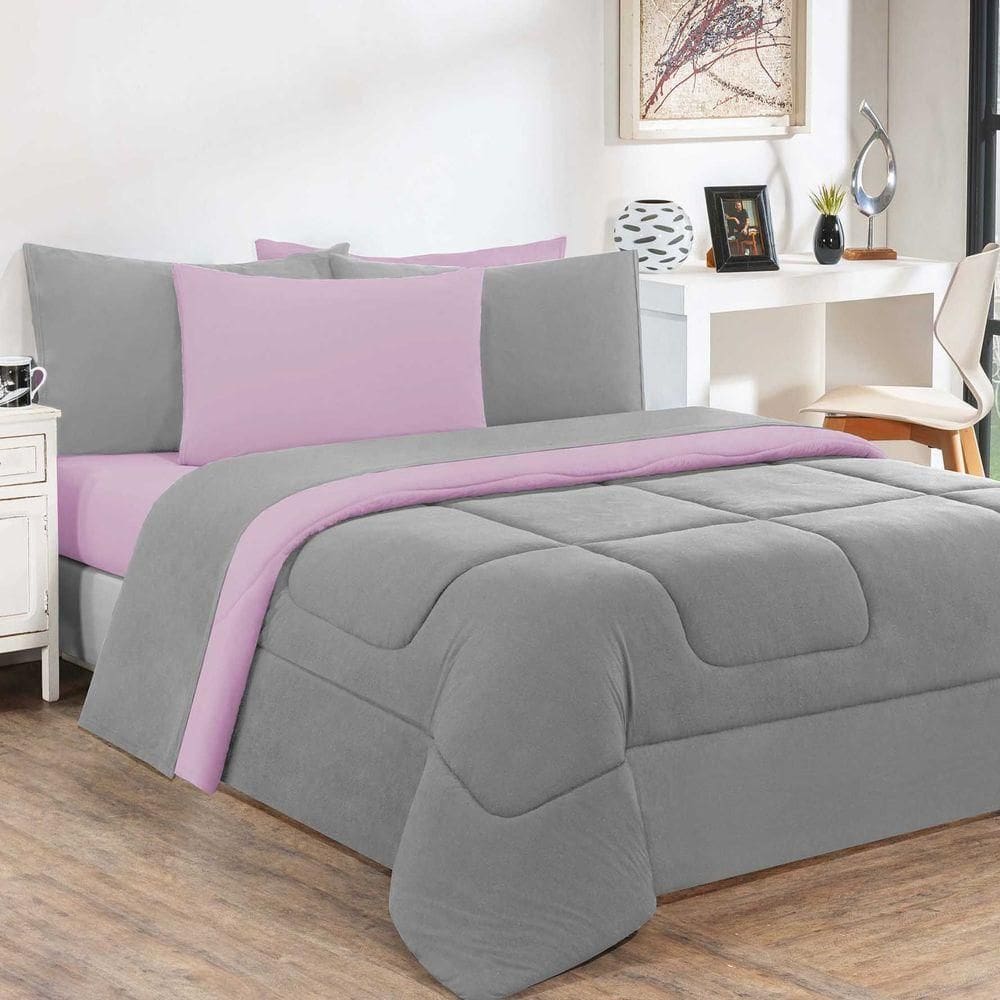 Kit Edredom Malha 100% Algodão Gran Moratta 2 Peças Solteiro - Cinza-rosa Bebê