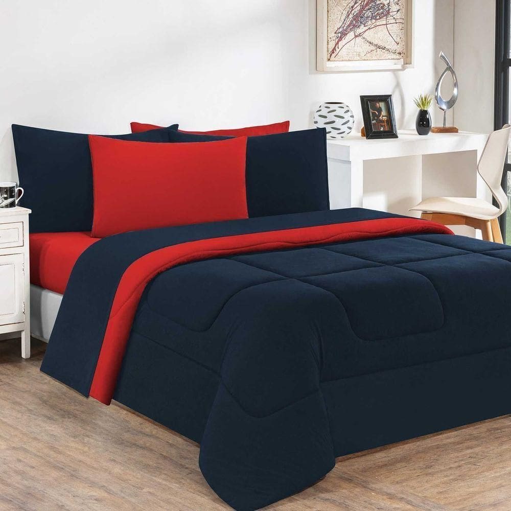 Kit Edredom Malha 100% Algodão Gran Moratta 3 Peças Queen - Azul Marinho-vermelho